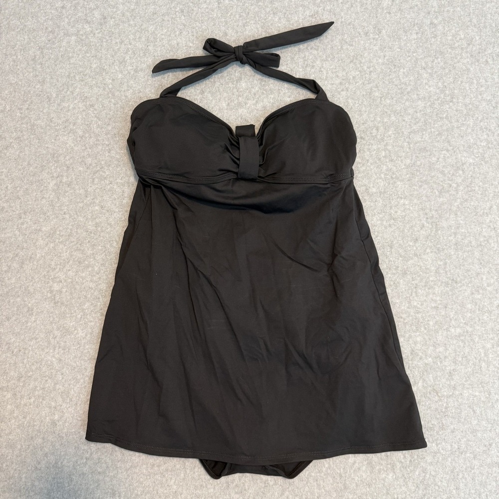 Talbots Black Swim Dress One Piece Swimsuit Size 14 Tummy Control Plunge Back